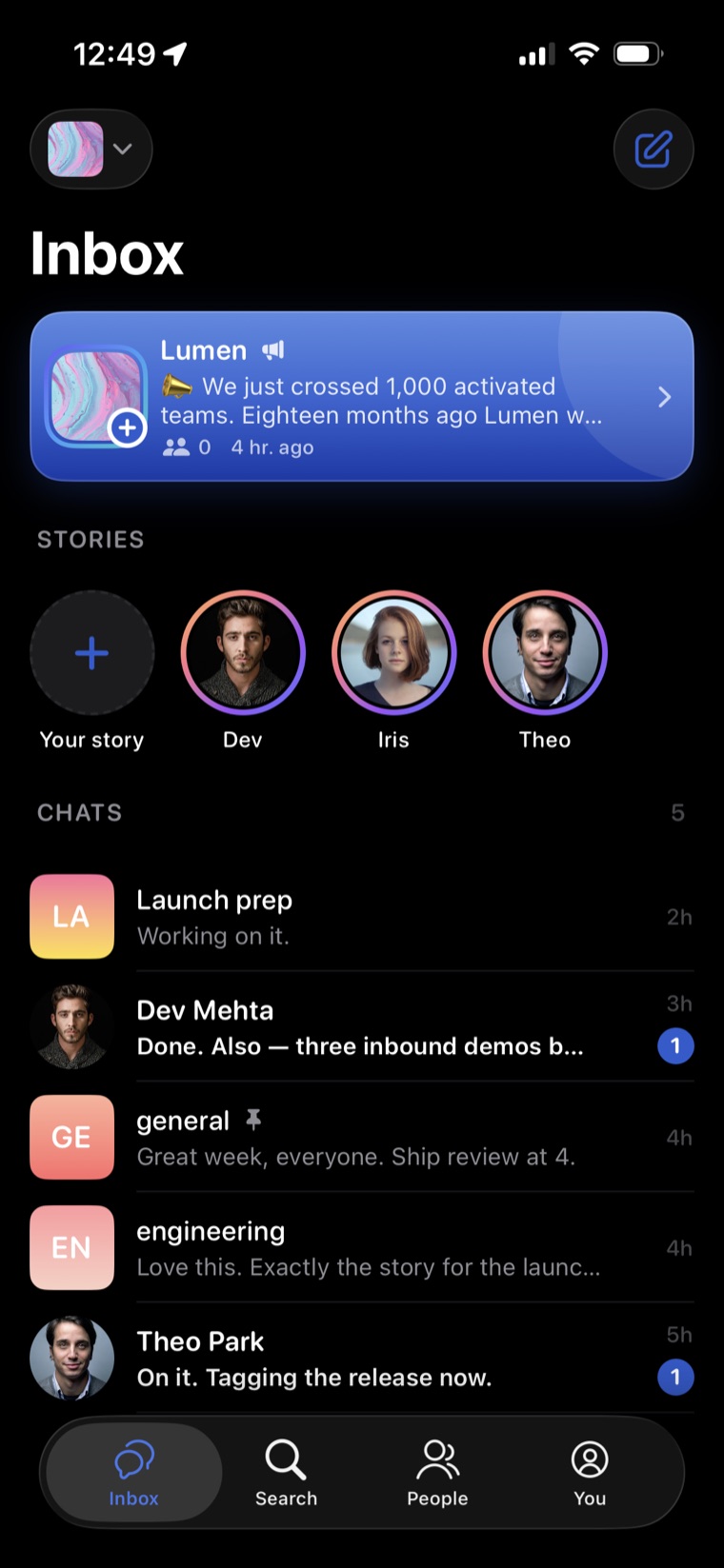Interkom inbox on iPhone — stories, channels and direct messages