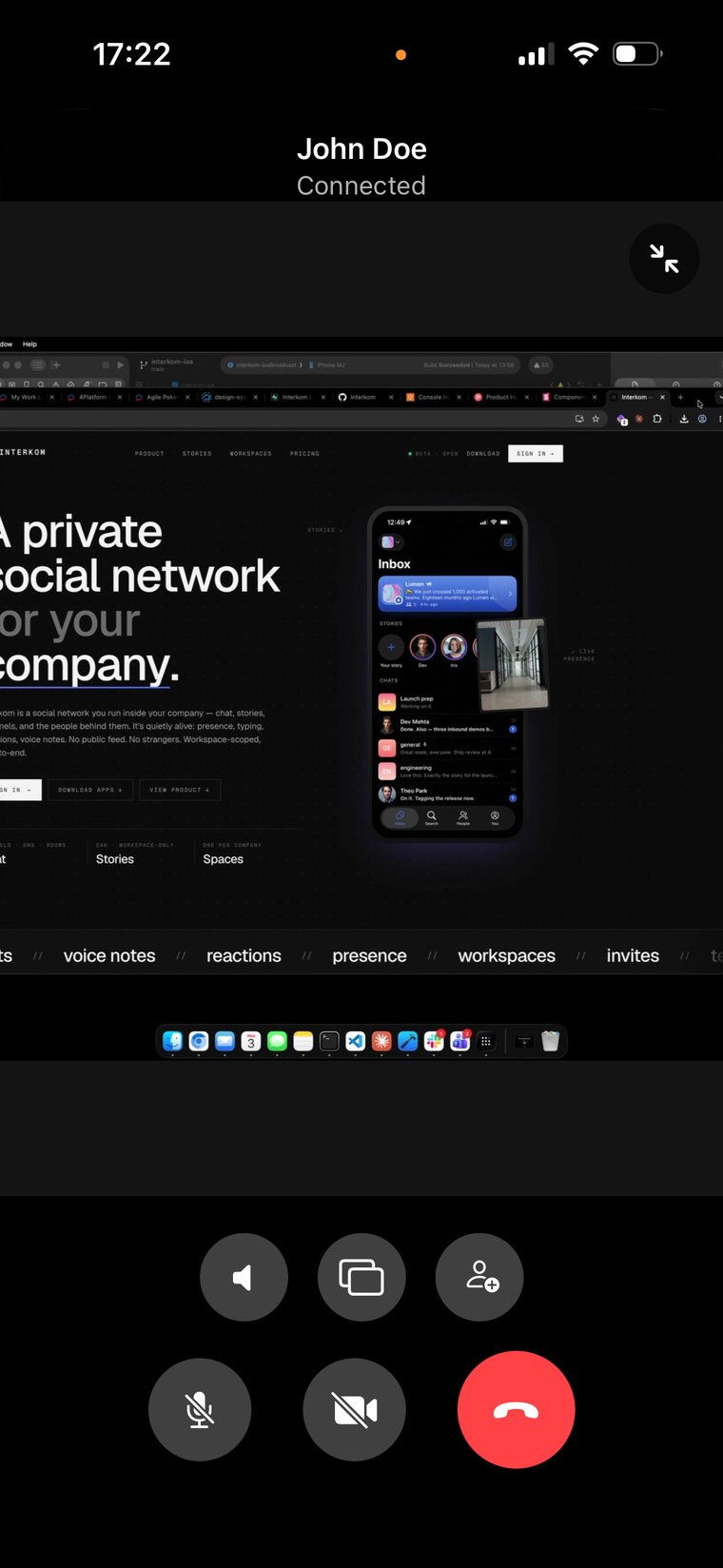 An in-progress Interkom call with screen sharing on iPhone